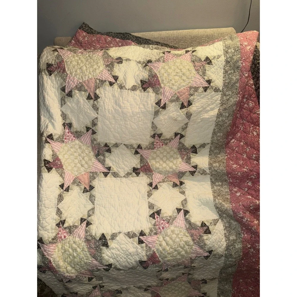 Pink Floral‎ Star Patchwork Quilt and Pillow Sham Set Cottage Core King Bedding